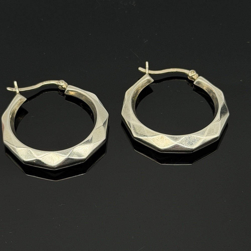 Sterling Silver 925 Geometric Faceted 1 Inch Hoop Earrings 925 Hinged Textured